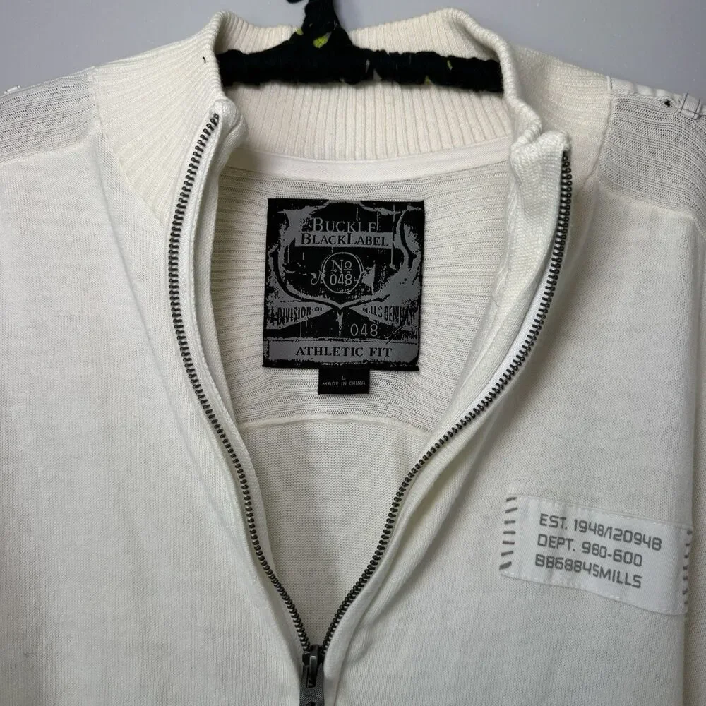 Vintage Men's Buckle Grunge Cream/Off White Cotton Ribbed Zip Up Sweater Sz Lg